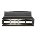 Black Box JPM806A-HD CAT5e feed-through patch panel front view showing 48 high-density shielded RJ-45 ports in 1U rack-mount form factor for patching without punching down wires