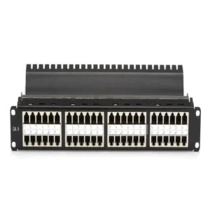 Black Box JPM806A-HD CAT5e feed-through patch panel front view showing 48 high-density shielded RJ-45 ports in 1U rack-mount form factor for patching without punching down wires