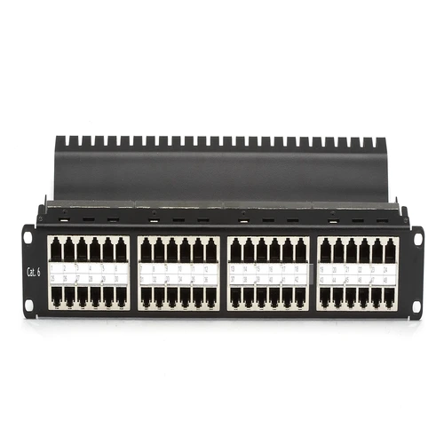 Black Box JPM806A-HD CAT5e feed-through patch panel front view showing 48 high-density shielded RJ-45 ports in 1U rack-mount form factor for patching without punching down wires