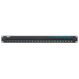 Black Box JPM808A-R2 CAT6 patch panel front view with 24 RJ-45 ports and 1U rack-mount form factor for network patching applications