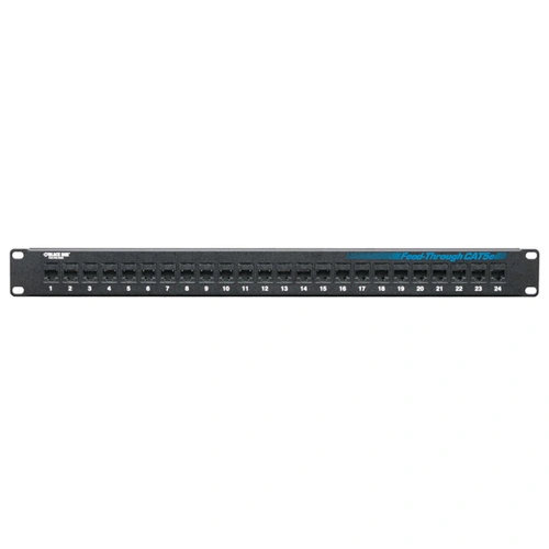 Black Box JPM808A-R2 CAT6 patch panel front view with 24 RJ-45 ports and 1U rack-mount form factor for network patching applications