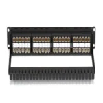 Black Box JPM810A-HD CAT6 feed-through patch panel back view with 48 shielded RJ-45 connectors and detachable cable management bar