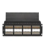 Black Box JPM810A-HD CAT6 feed-through patch panel front view with 48 high-density RJ-45 ports in 1U rack-mount form factor