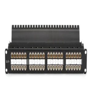 Black Box JPM810A-HD CAT6 feed-through patch panel front view with 48 high-density RJ-45 ports in 1U rack-mount form factor