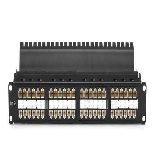Black Box JPM810A-HD CAT6 feed-through patch panel front view with 48 high-density RJ-45 ports in 1U rack-mount form factor