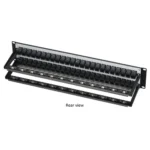 Black Box JPM810A-R2 CAT6 patch panel back view with 110-type termination blocks and cable management features