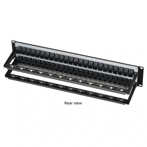 Black Box JPM810A-R2 CAT6 patch panel back view with 110-type termination blocks and cable management features