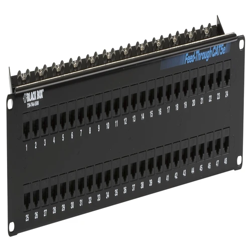 Black Box JPM810A-R2 CAT6 patch panel front view with 48 RJ-45 ports in 2U rack-mount form factor