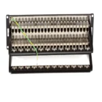 Black Box JPM816A CAT6 patch panel back view with feed-through port connections and cable management bar support