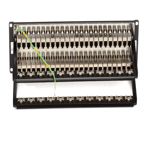 Black Box JPM816A CAT6 patch panel back view with feed-through port connections and cable management bar support