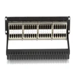 Black Box JPM816A-HD CAT6 patch panel back view showing shielded feed-through port connections and cable management bar to support cables attached to the rear of the panel