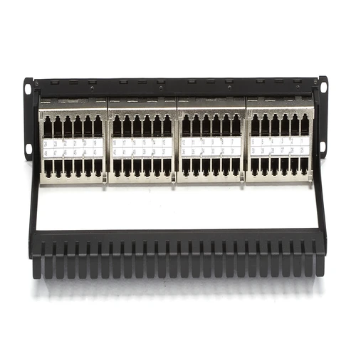 Black Box JPM816A-HD CAT6 patch panel back view showing shielded feed-through port connections and cable management bar to support cables attached to the rear of the panel