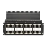 Black Box JPM816A-HD CAT6 patch panel front view showing 48-port high-density feed-through panel with RJ-45 to RJ-45 ports and 1U rack-mount form factor