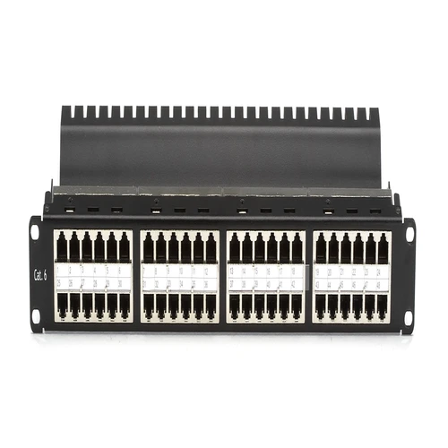 Black Box JPM816A-HD CAT6 patch panel front view showing 48-port high-density feed-through panel with RJ-45 to RJ-45 ports and 1U rack-mount form factor