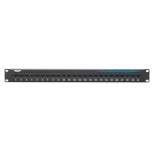 Black Box JPM818A CAT6 patch panel front view with 48 RJ-45 ports and 2U rack-mount form factor for high-density patching