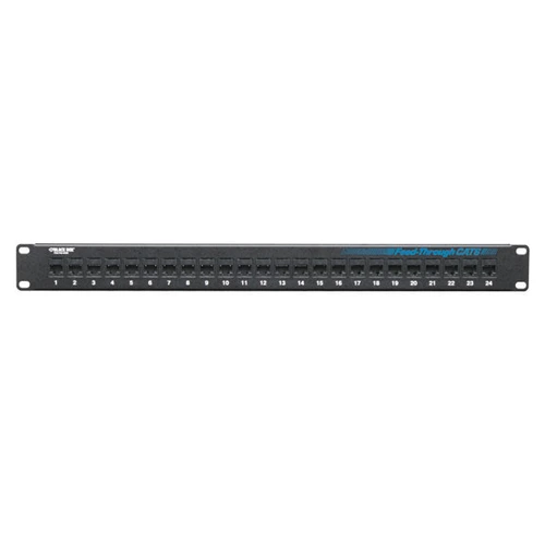Black Box JPM818A CAT6 patch panel front view with 48 RJ-45 ports and 2U rack-mount form factor for high-density patching