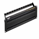 Black Box JPM820A CAT6 patch panel front view with port configuration and 1U rack-mount design for high-density patching