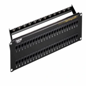 Black Box JPM820A CAT6 patch panel front view with port configuration and 1U rack-mount design for high-density patching