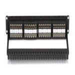 Black Box JPM820A-HD patch panel back view with 48 RJ-45 feed-through ports and cable management bar for organized cable support