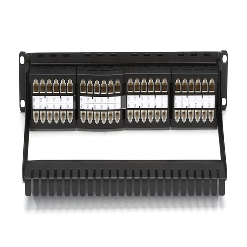 Black Box JPM820A-HD patch panel back view with 48 RJ-45 feed-through ports and cable management bar for organized cable support