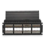 Black Box JPM820A-HD high-density patch panel front view with 48 ports in 1U rack-mount form factor for CAT6 feed-through connections
