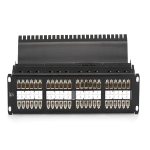 Black Box JPM820A-HD high-density patch panel front view with 48 ports in 1U rack-mount form factor for CAT6 feed-through connections