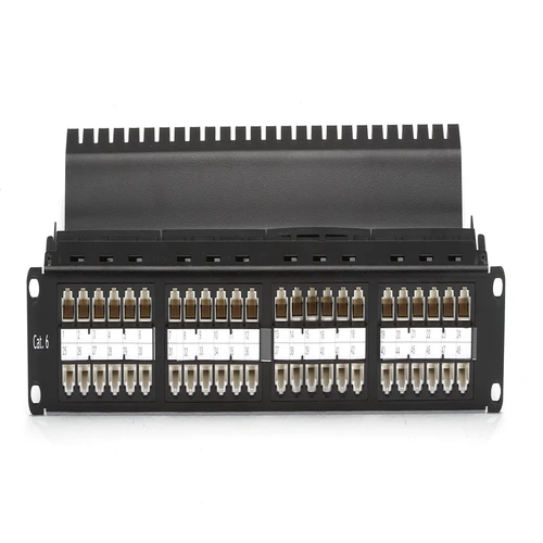 Black Box JPM820A-HD high-density patch panel front view with 48 ports in 1U rack-mount form factor for CAT6 feed-through connections