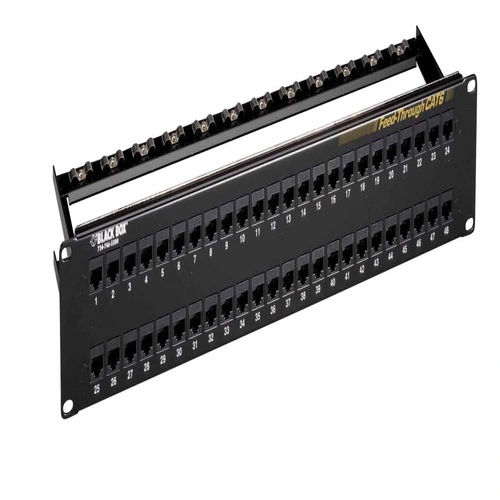 Black Box JPM820A CAT6 patch panel front view with port configuration and 1U rack-mount design for high-density patching