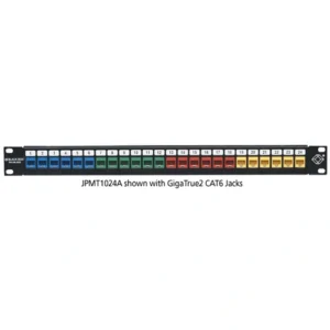 Black Box JPMT1024A patch panel front view with port configuration and rack-mount design