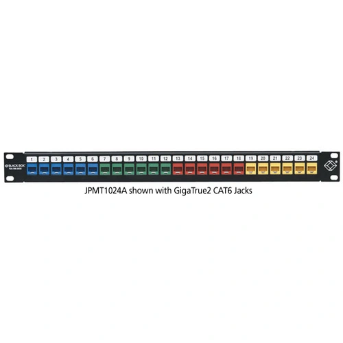 Black Box JPMT1024A patch panel front view with port configuration and rack-mount design