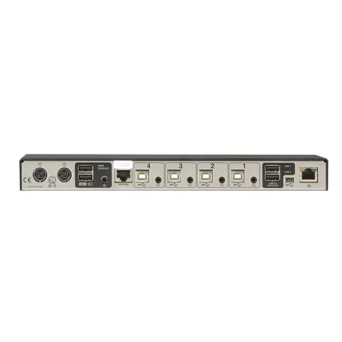 Black Box Freedom II KV0004A-R2 KM switch back view showing four USB Type-B computer ports, two USB HID console ports for keyboard and mouse, USB 2.0 peripheral ports, RJ45 network configuration port, and 12VDC power input
