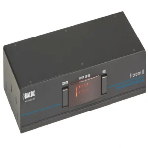 Black Box Freedom II KV0004A-R2 KM switch front view with four channel selection buttons, LED channel indicators, and compact desktop design for Glide and Switch mouse cursor switching