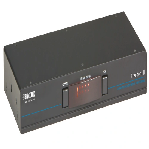 Black Box Freedom II KV0004A-R2 KM switch front view with four channel selection buttons, LED channel indicators, and compact desktop design for Glide and Switch mouse cursor switching
