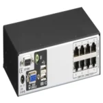 Black Box Freedom II KV0081A KM switch back view showing eight USB Type-B computer ports, two USB HID console ports for keyboard and mouse, USB 2.0 peripheral ports, RJ45 network configuration port, and power input