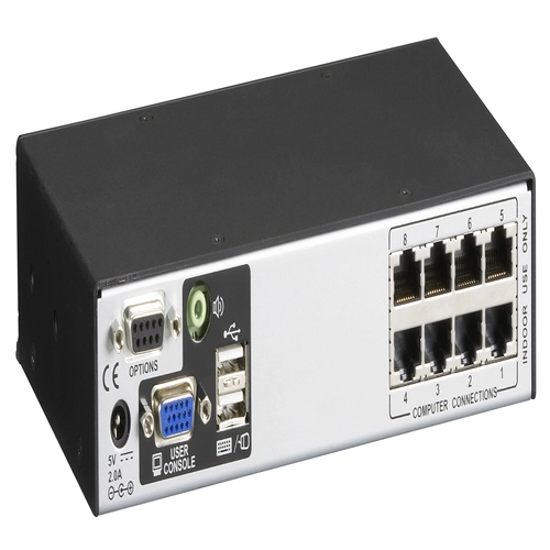 Black Box Freedom II KV0081A KM switch back view showing eight USB Type-B computer ports, two USB HID console ports for keyboard and mouse, USB 2.0 peripheral ports, RJ45 network configuration port, and power input