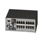 Black Box CX Series KV0161A KVM switch back view showing RJ45 computer ports for Server Access Module connections, local console ports, RS232 serial control port, and power input