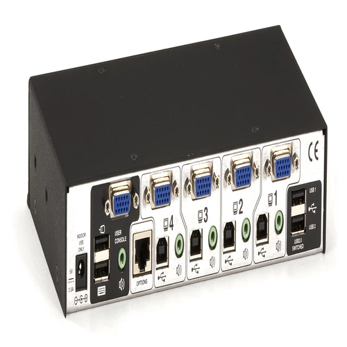 Black Box KV3004A KVM switch back view showing computer interface ports, console connections, and power input