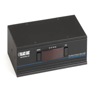 Black Box KV3004A KVM switch front view with 4 port selection buttons, LED channel indicators, and compact desktop design for multi-computer control