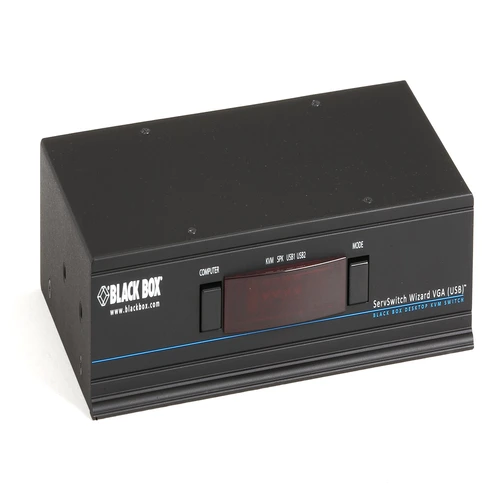 Black Box KV3004A KVM switch front view with 4 port selection buttons, LED channel indicators, and compact desktop design for multi-computer control