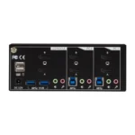 Black Box KV6222DP KVM switch back view showing multiple DisplayPort video inputs, USB ports, audio connections, and power input