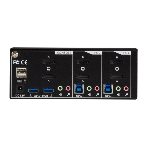 Black Box KV6222DP KVM switch back view showing multiple DisplayPort video inputs, USB ports, audio connections, and power input