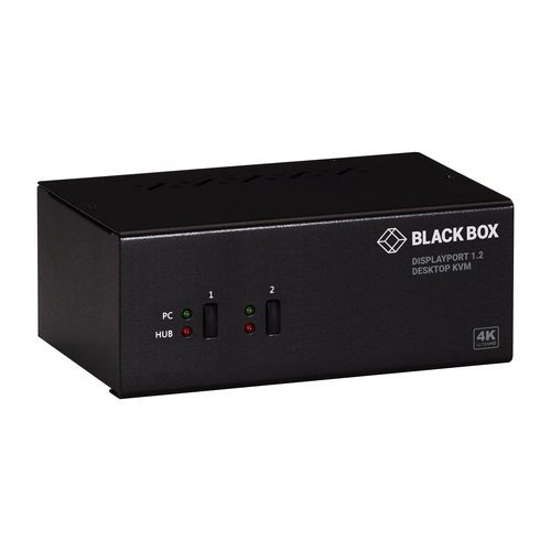 Black Box KV6222DP KVM switch front view with port selection buttons, LED indicators, and front-panel controls for multi-monitor DisplayPort switching