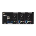 Black Box KV6222H KVM switch back view with HDMI video inputs, USB ports, audio connections, and power input