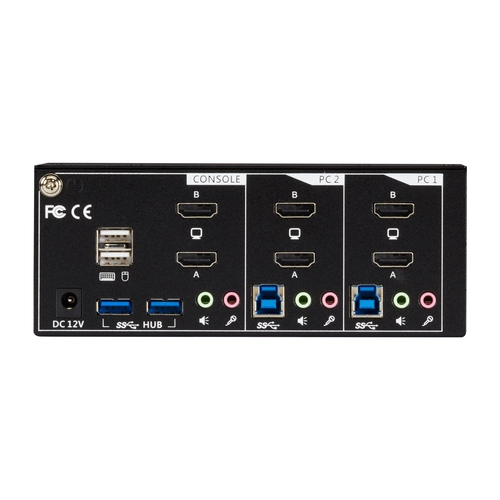 Black Box KV6222H KVM switch back view with HDMI video inputs, USB ports, audio connections, and power input