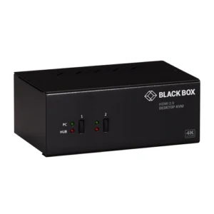 Black Box KV6222H KVM switch front view with port selection buttons and LED indicators for multi-monitor switching
