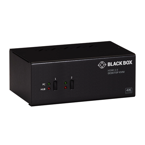 Black Box KV6222H KVM switch front view with port selection buttons and LED indicators for multi-monitor switching