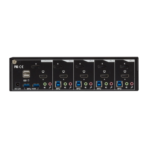 Black Box KV6224DPH KVM switch back view showing multiple DisplayPort video inputs, USB ports, audio connections, and power input