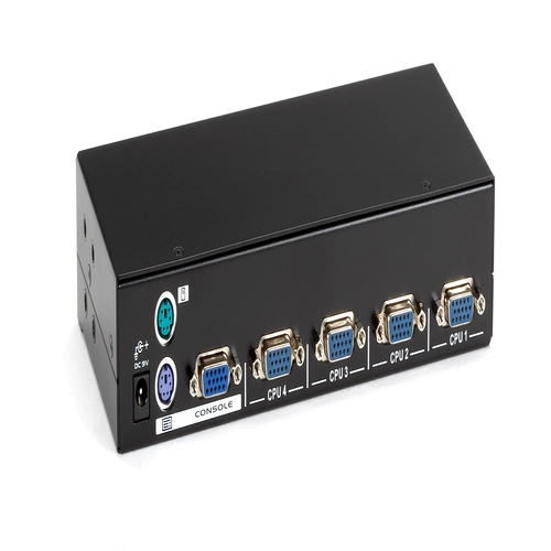 Black Box KV9004A KVM switch back view showing computer interface ports, console connections for keyboard, mouse, and monitor, and power input