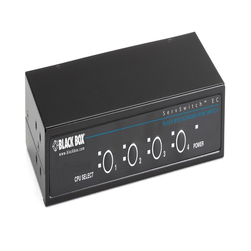 Black Box KV9004A KVM switch front view with 4 port selection buttons, LED channel indicators, and front-panel controls for multi-computer switching