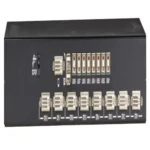 Black Box EC Series KV9508A KVM switch back view showing 8 DVI-D computer ports, USB keyboard and mouse connections, console mode selector switch, and AC power adapter input